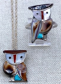 Zuni Inlaid Natural Stone Native American Silver Owl Ring, Pendant and 925 Chain