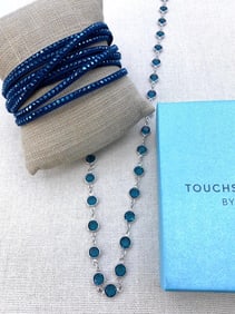 2 pc Unworn Swarovski Touchstone Crystal Smoked Blue Faceted Necklace and Navy Wrap Bracelet