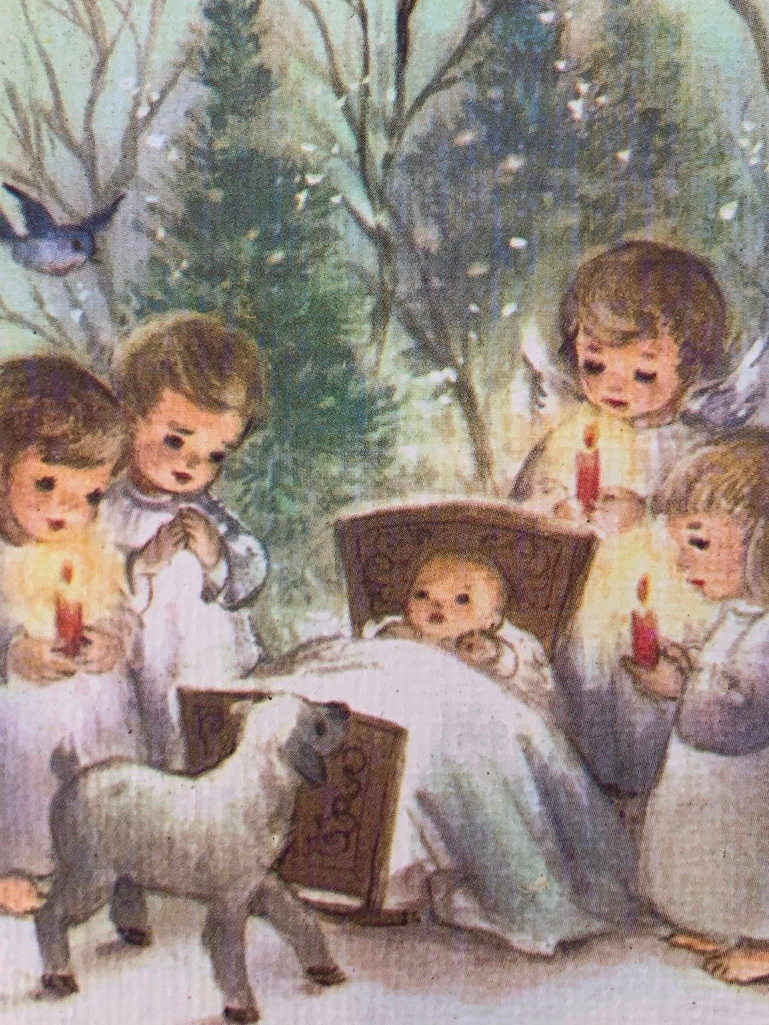 36 pc c1960s Deadstock Christmas Cards, Envelopes and Original Card Box: 15 7/8 " x 6 3/4" box containing 18 holiday cards and 18 envelopes, 2 cards per design shown, 6" x 5 1/8" card size, textured paper, some darkening to the glue on the envelope flaps.