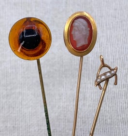8 Antique to Vintage Bird, Seed Pearl Wishbone, Glass Cameo, Taxidermy Eye Stick Pin Collection