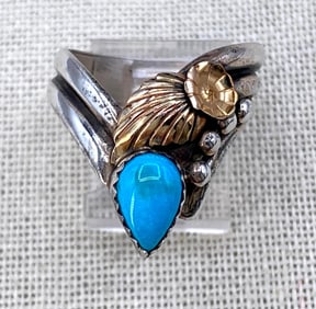 Vintage Sterling Silver Turquoise Native American Crafted Asymmetrical Southwestern Ring