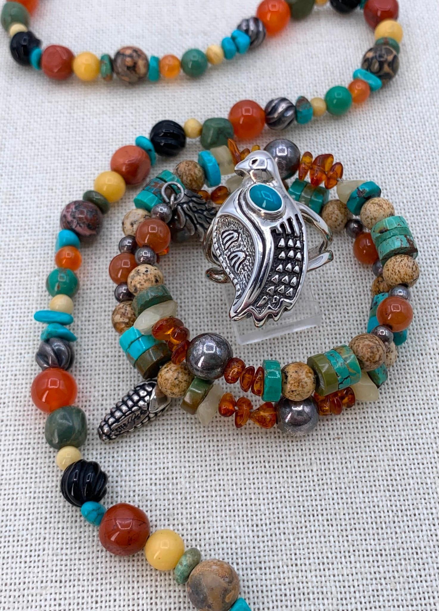 3 pc Carolyn Pollack Natural Stone and Sterling Necklace, Coil Bracelet and Bird Ring (1 of 15)