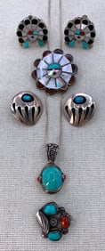 7 pc Zuni Kachina Sun Face Silver, Turquoise, Coral, MOP Jewelry Collection