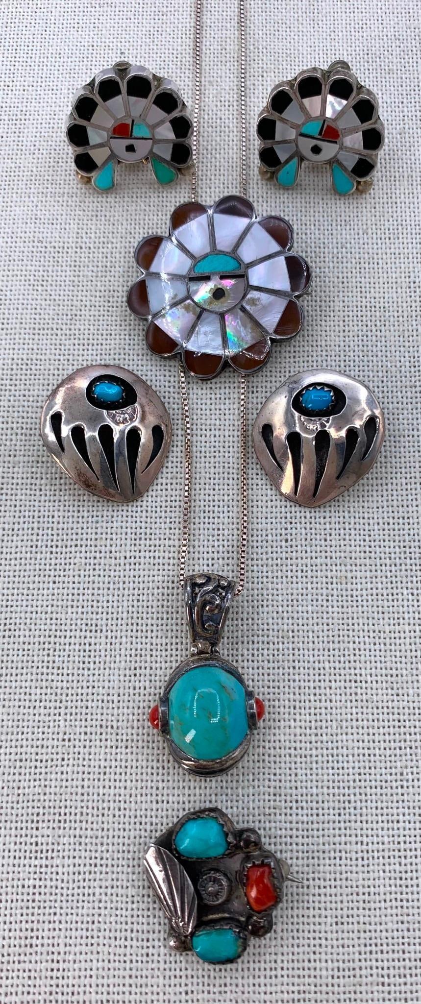 7 pc Zuni Kachina Sun Face Silver, Turquoise, Coral, MOP Jewelry Collection (1 of 11)