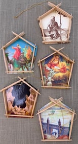 9 Vintage Nostalgic Handmade Toothpick Christmas Card Ornaments in Holiday Tin