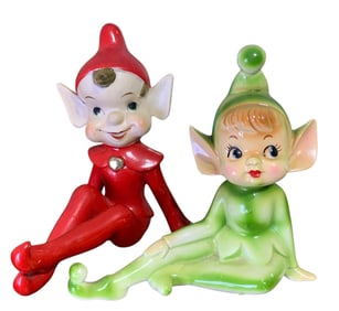 Pair LARGE Mid Century Japan Red and Green Christmas Elf Statues, Holiday Figurines