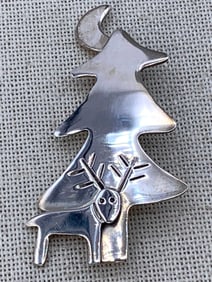 Sterling Silver Holiday Pine Tree, Stag, Crescent Moon 925 Brooch