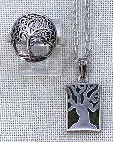 Sterling Silver Irish Connemara Marble Reversible Fairy Tree Pendant and 925 Tree of Life Ring