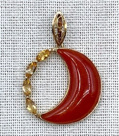 14k Gold Cinnamon Jade and Citrine Crescent Moon Pendant