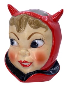 4 Mid Century JAPAN Horned Smiling Devil Wall Pocket and Pitchfork Holding Devil Figurines