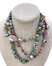 Vintage Cloisonne, Jade, Jasper and Agate Polished Stone Necklace Duo