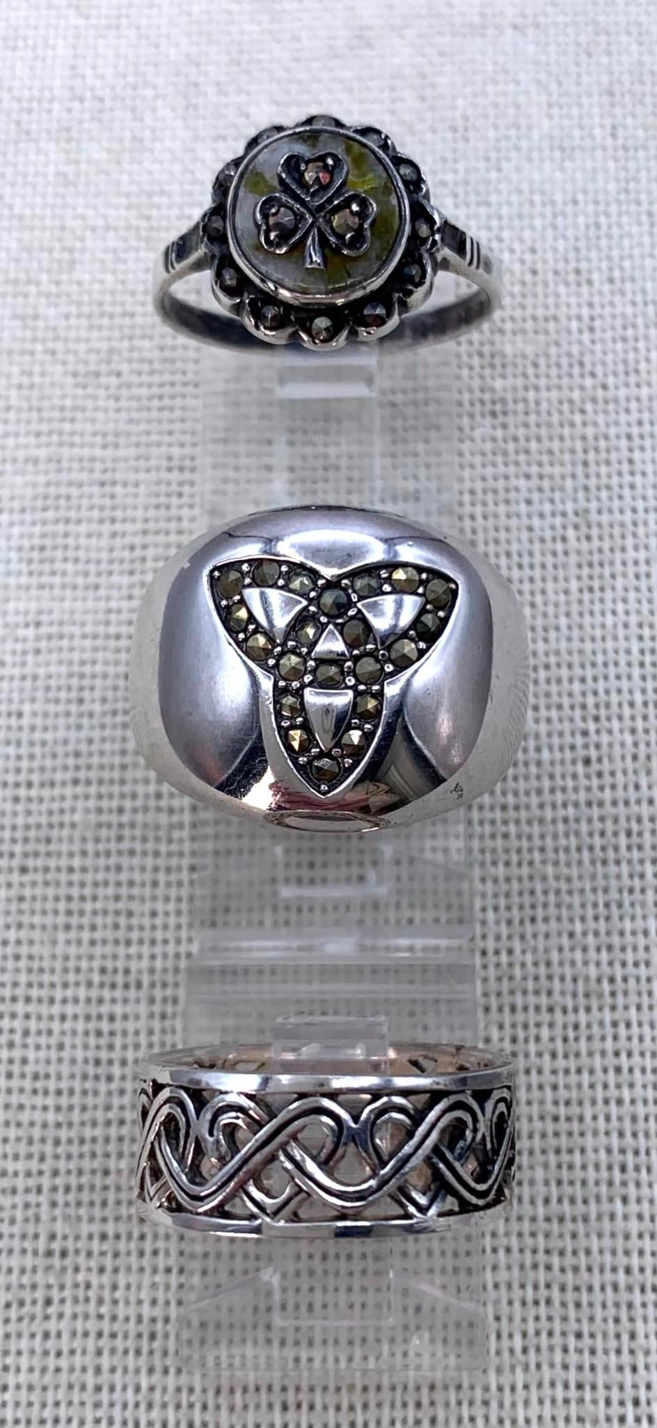 3 Celtic Sterling Silver Marcasite, Connemara Shamrock, ANU' Dublin, Rings: 1) Superb Dublin Ireland ANU' marcasite Celtic cigar band ring, ornate interior, 925 hallmark 6.75 size, 7 gram weight 2) Dainty Connemara marble marcasite shamrock ring, Silver hallmarked interio