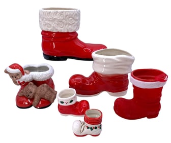 6 pc Vintage Santa Boot Candy, Cookie Container, Holiday Decorations