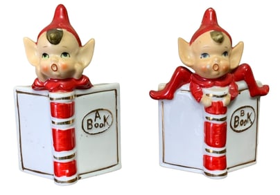 Comical 6 pc Mid Century Red and Green Holiday Elf, Sprite, Fairy Figurines, Christmas Decorations