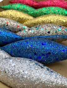 Mid Century Box of 12 Yule Jewels Unbreakable Glitter Encrusted Christmas Tree Ornaments with Box