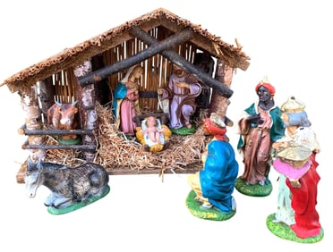 9 pc Mid Century Italian Nativity Figurines and Natural Wood Stable Christmas Holiday Decoration