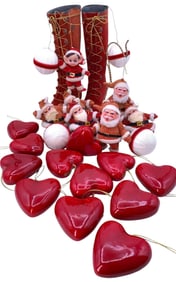 25 pc Vintage Santa Claus, Elf, Red Heart and Flocked Button Gogo Boots Christmas Decorations