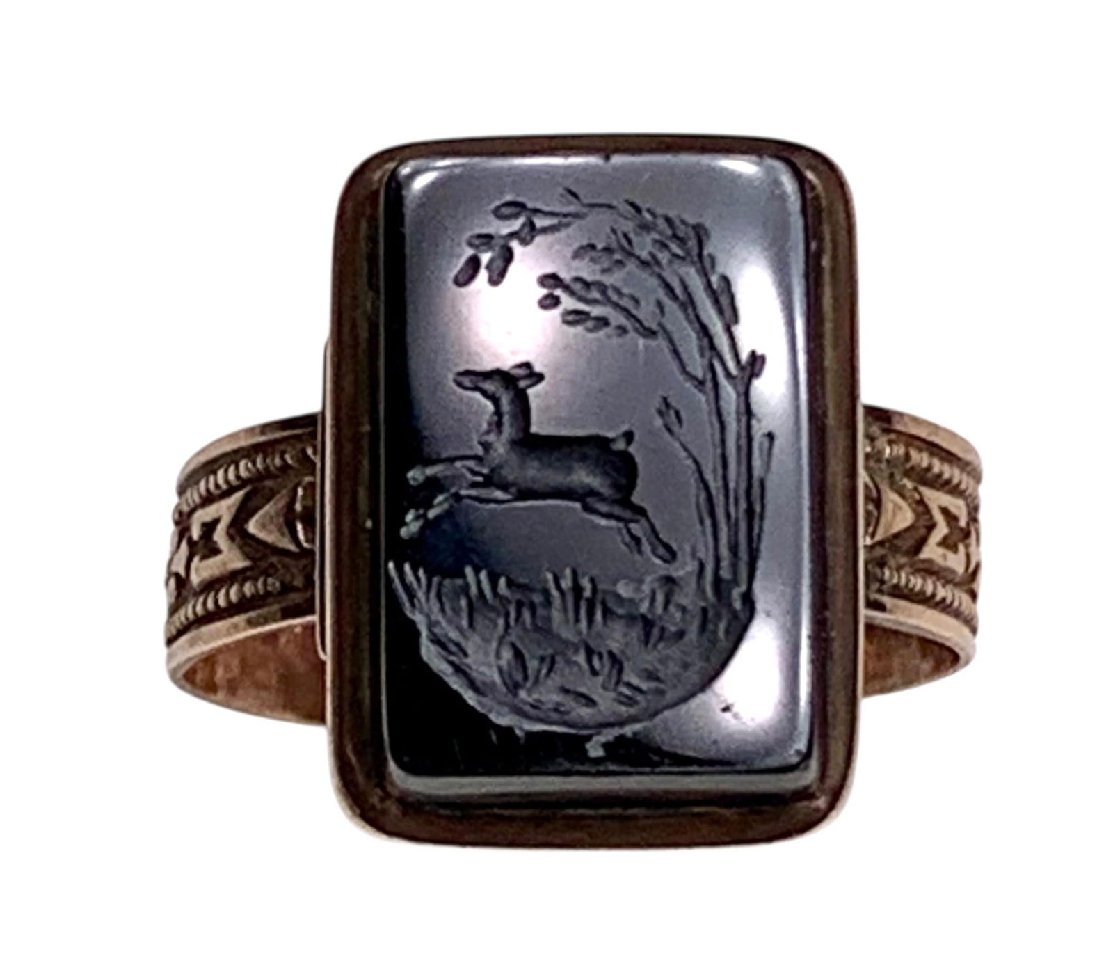 Antique Victorian Rose Gold Carved Stag Forest Scene Intaglio Onyx Ring (1 of 14)