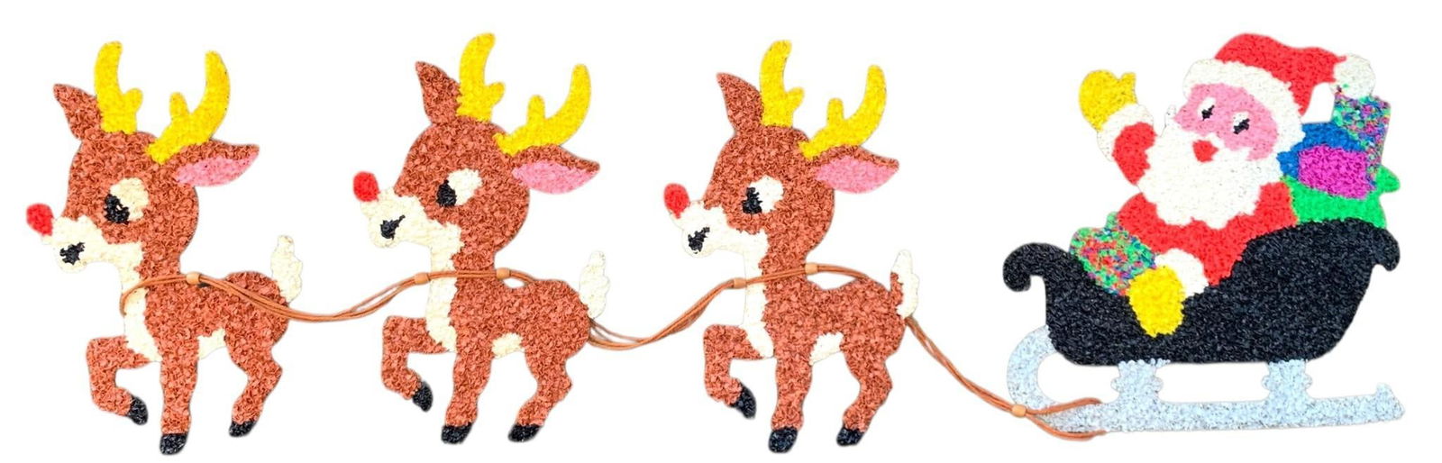 Mid Century Santa Claus in Sleigh and 3 Red Nosed Reindeer Melted Plastic Christmas Outdoor Display: Vividly hued with hand tied wood bead "reigns" woolen cord, 78" total length x 21" tall, all separate pieces for easy lay flat storage.