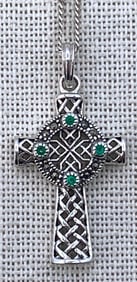 Irish Sterling Silver and Emerald Celtic Cross Pendant on 925 Chain