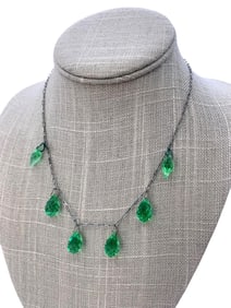 Antique 1920s Glittering Emerald Green Crystal Pendant Necklace