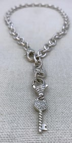 Outstanding Sterling Silver Judith Ripka Embossed Chain Heart Lock and Key 925 Necklace