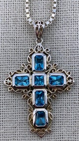 Opulent Sterling Silver Blue Topaz Filigree Cross on 925 Milor Italy Chain