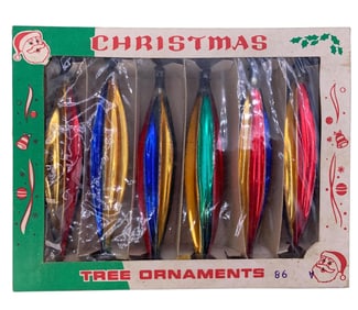 Mid Century Box of 6 Polish Made Elongated Ribbed Atomic Mercury Glass Christmas Tree Ornaments