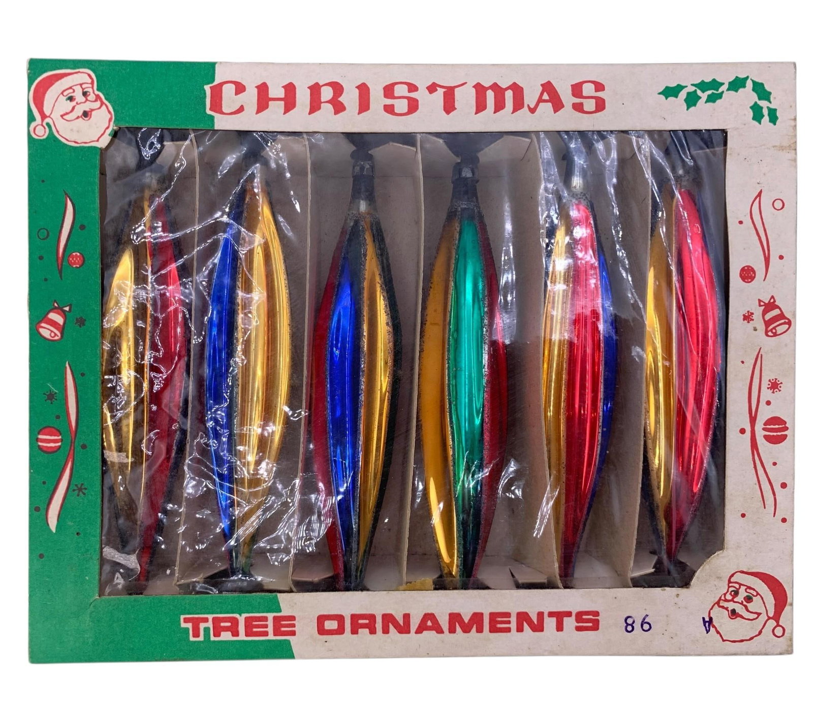 Mid Century Box of 6 Polish Made Elongated Ribbed Atomic Mercury Glass Christmas Tree Ornaments: Fantastic vivid hues, spiked at the tip, ribbed silhouette and glitter accent, in the original box, each glass ornament is approx. 6 1/4" long, made in Poland, old tape to the box, cellophane wi