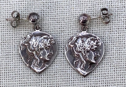 Sterling Silver Repousse Grecian Goddess 925 Pierced Earrings