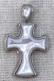 Large Sterling Silver Luminous Mother of Pearl Cross 925 Pendant