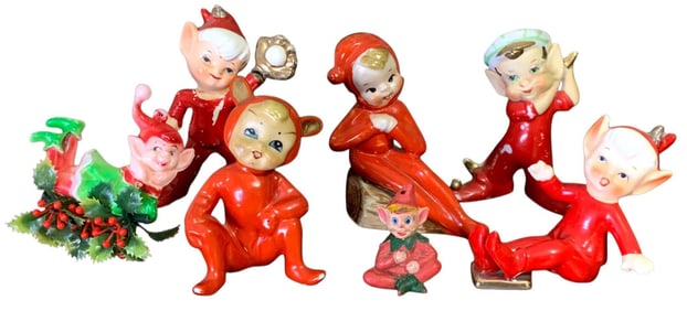 7 pc Mid Century Mischievous Christmas Elf, Holiday Sprite, Japan Figurines and Hong Kong Ornament