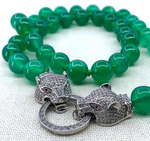 Glittering Pave Panther Jadeite Bead Necklace with Ringed Big Cat Clasp