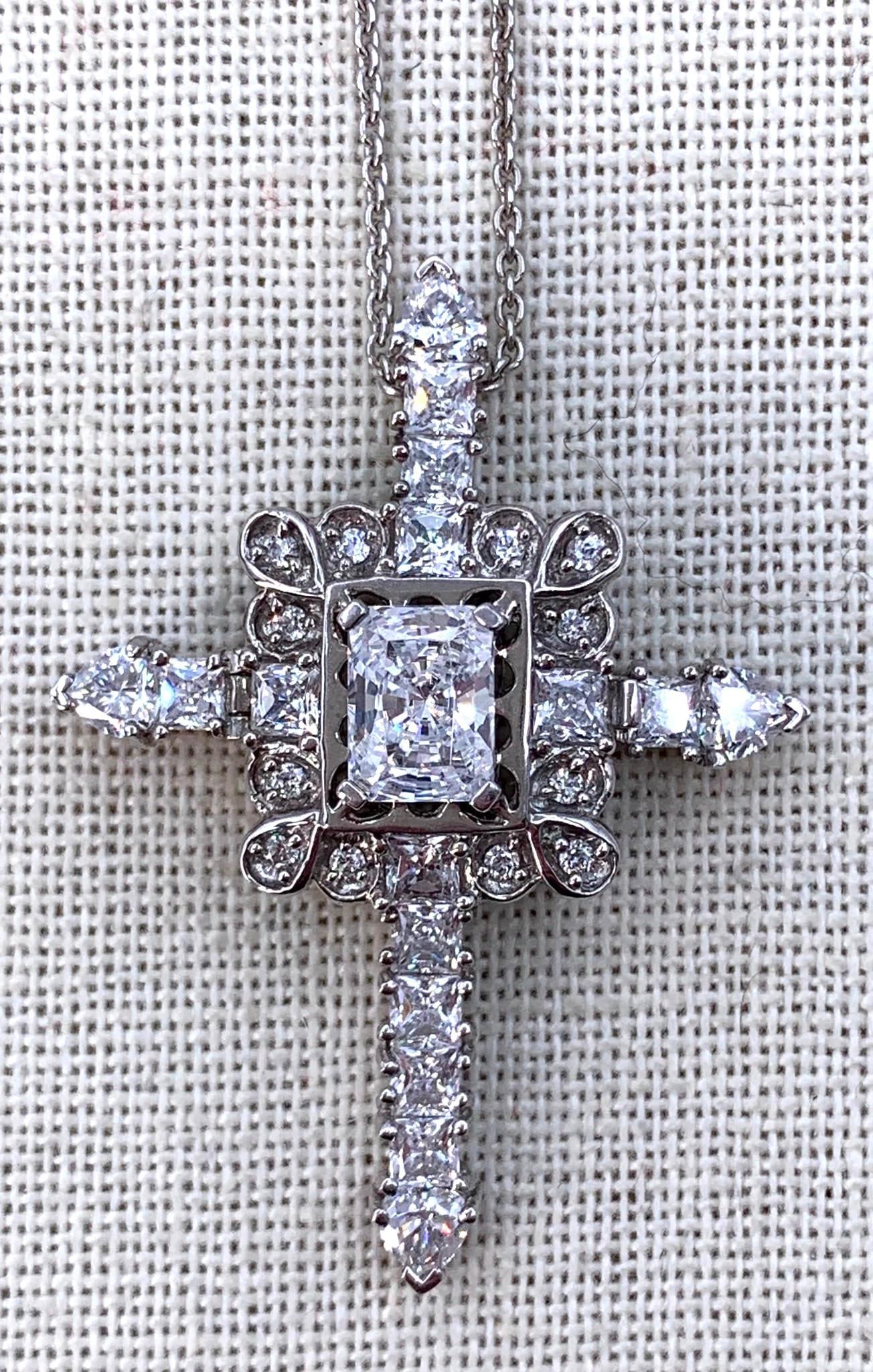 Opulent Sterling Silver CZ Hinged Secret Compartment Cross Pendant on 925 Italian Chain: 1 7/8" pendant length, 925 hallmark, 11.2 gram combined weight, 18" Milor Italy 925 chain, hinged face that does not snap tightly to the body, Over the Top Sparkle!