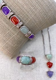 3 pc Sterling Silver, Tri Colored Jade and Diamond Ring, Bracelet and Necklace Ensemble