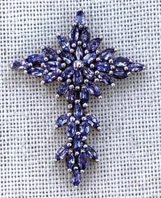 38 Marquise Shaped Tanzanite Gemstone Encrusted Sterling Silver Cross Pendant