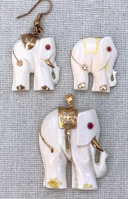 3 14k Gold and Ruby Adorned Carved Elephant Effigy Pendants