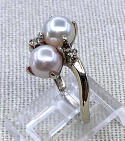 Timeless 10k White Gold Twin Pearl and Diamond Bypass Ring