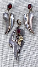 3 pc Artisan Made Sterling Silver and Garnet Leaf Earrings and Organic Pendant Set