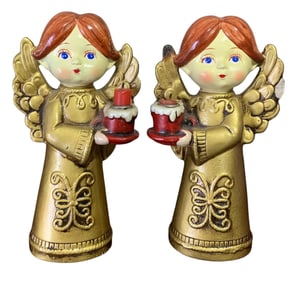 Pair Mid Century Masco JAPAN Gilded Christmas Angel Candle Holder Holiday Decorations in Box