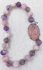 1920s Chinese Hand Carved Rose Quartz and Amethyst Gemstone Necklace