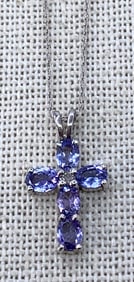 10k White Gold, Tanzanite and Sparkling CZ Cross Pendant on 10k Chain