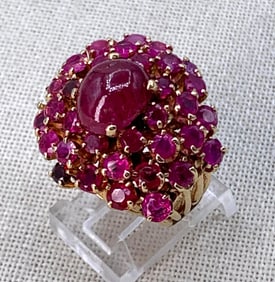 Dramatic 17.9 Gram 14k Yellow Gold Ruby and Garnet Domed Mid Century Cocktail Ring