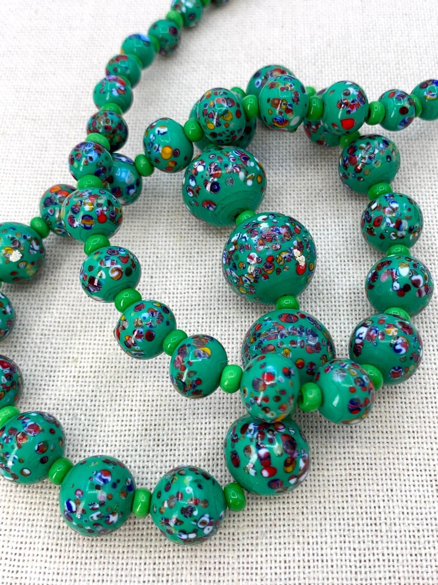Vintage Italian Murano Lampwork Millefiori Tombo Emerald Glass Graduated Bead Necklace (1 of 10)