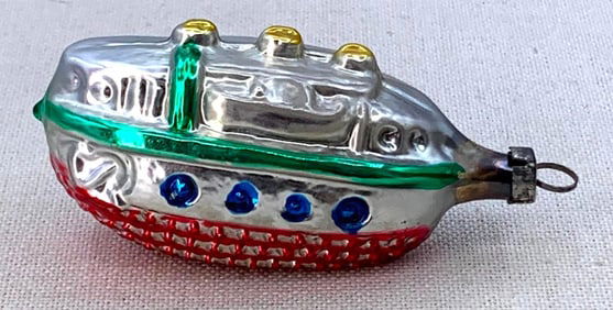 Early Mercury Glass Nautical Maritime Boat, Ship, Vintage Christmas Feather Tree Ornament