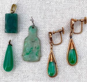5 pc Vintage Jade, Jadeite, 14k Gold Earrings and Pendant Collection