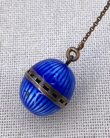 Antique c1920s Cobalt Enamel Vinaigrette Perfume, Scent, Sterling Silver Orb Pendant Necklace