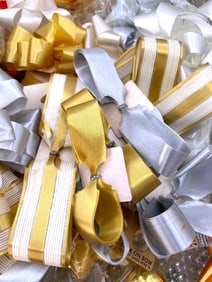 91 pc Mid Century NOS Silver and Gold Gift Bows and Vintage Christmas Decoration Collection