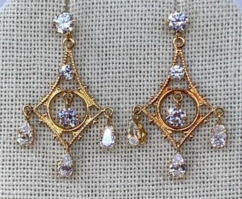 14k Yellow Gold and Glittering CZ Chandelier Earrings