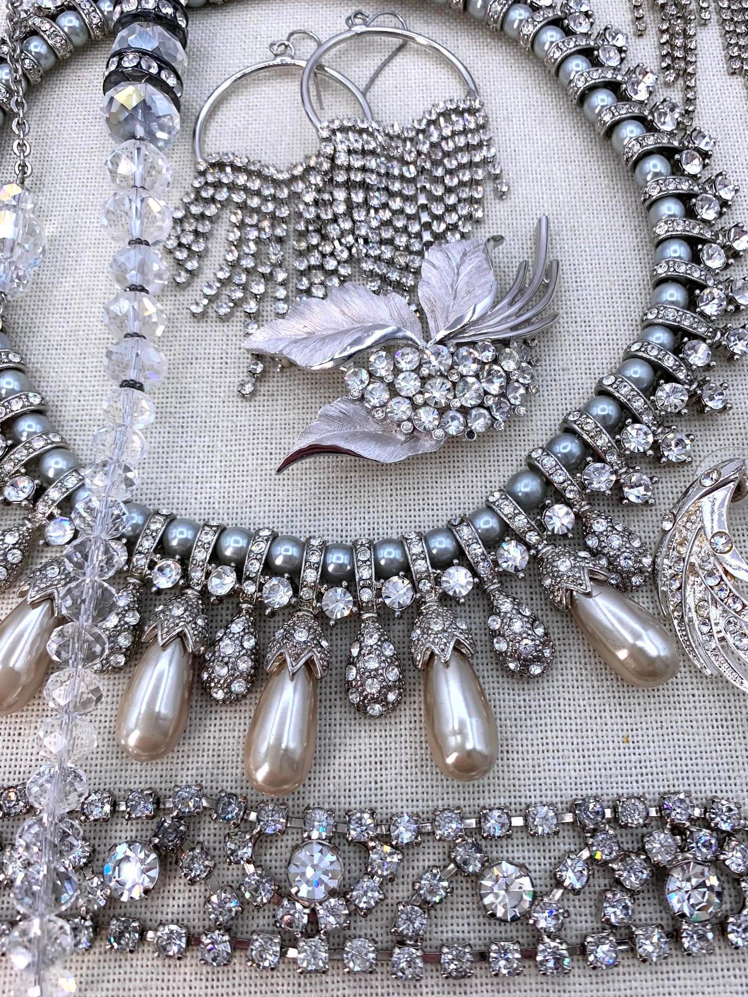 18 pc Opulent Rhinestone Vintage Costume Jewelry Collection: Over the top faux pearl and rhinestone collar necklace, draped and fringed adornments, Trifari brooch, Art Deco shoe clips, vintage Aurora Borealis crystal, and cocktail rings galore!